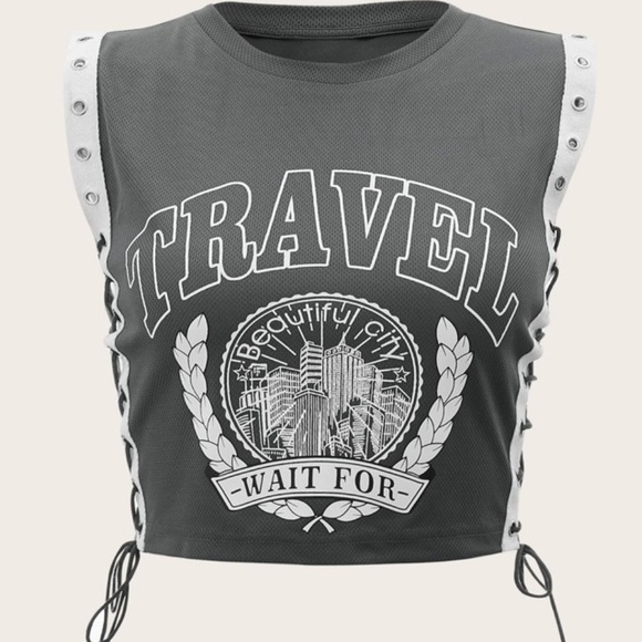 SHEIN Gray Graphic Lace-Up Side Crop Tank Top Size X-Small - Picture 2 of 8